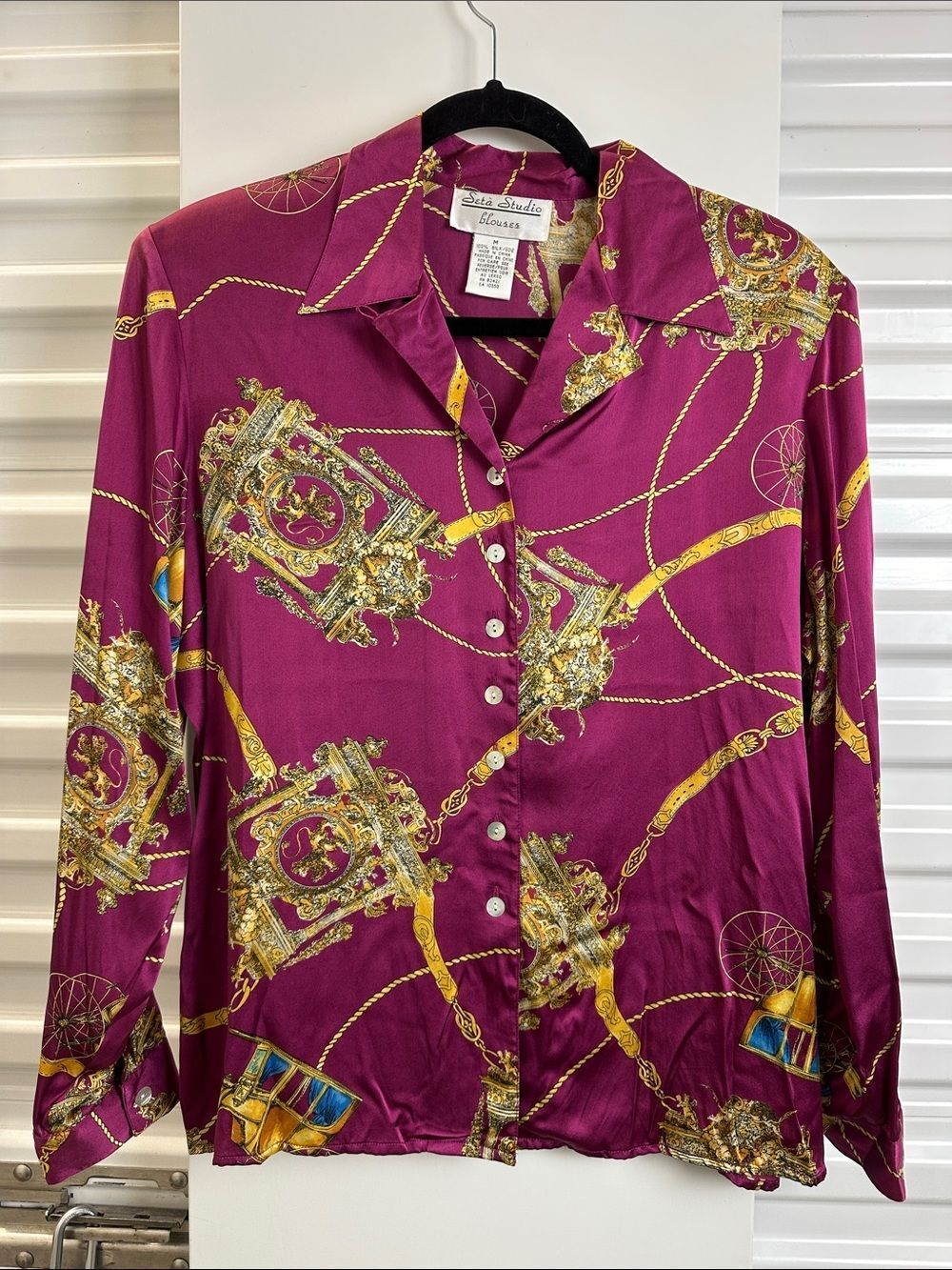 Vintage Seta Studio Silk Button-Up Blouse in Rich Fuchsia with Gold Chain Print